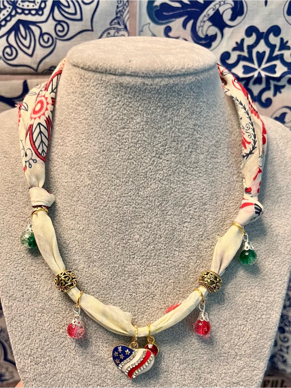 Boho Bandana Patriotic Heart Charm Scarf Necklace - Red, White & Blue